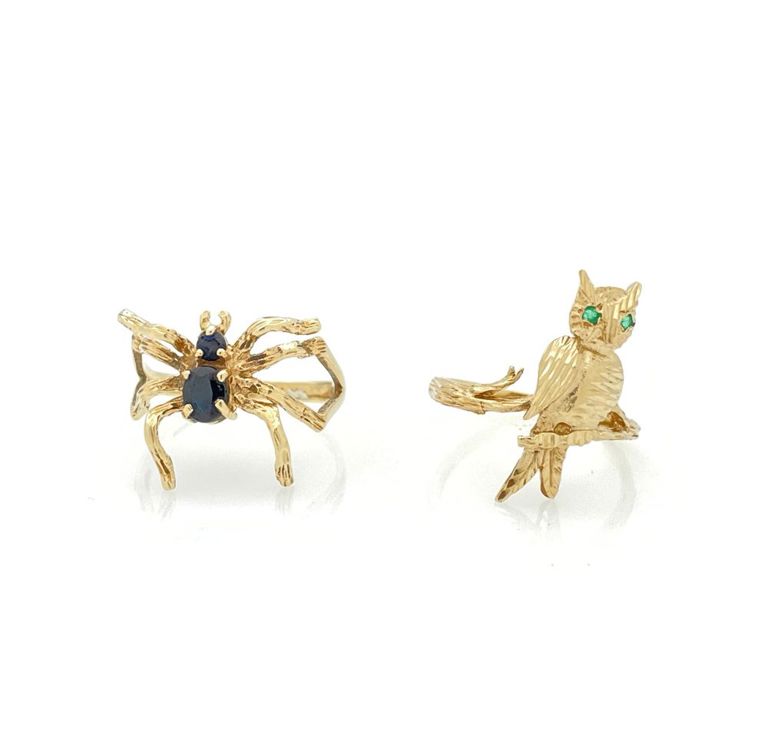 9k yellow gold emerald and sapphire owl and spider rings