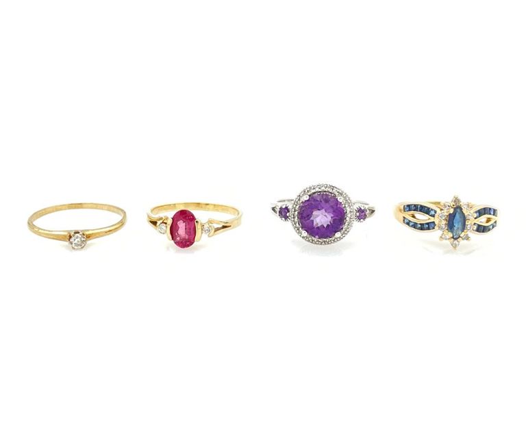 14k two-tone gold amethyst, sapphire, garnet and diamond rings