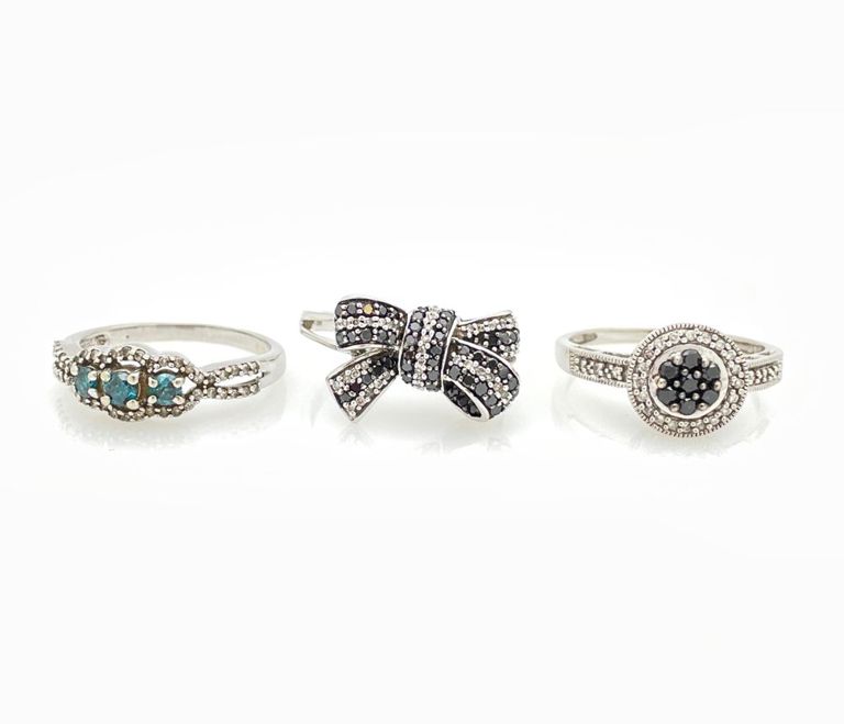 10k white gold black, white and blue diamond rings