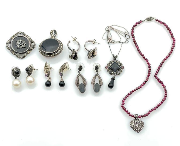 12pc sterling silver marcasite gemstone jewelry