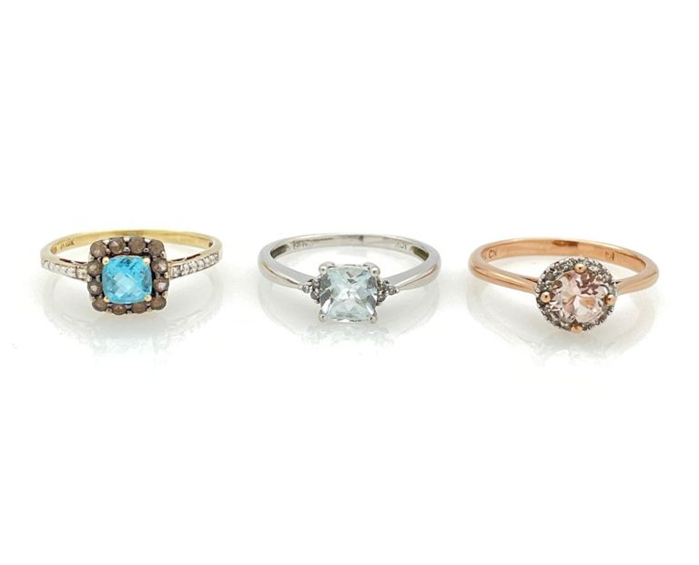 10k gold morganite, diamond, aquamarine and topaz rings