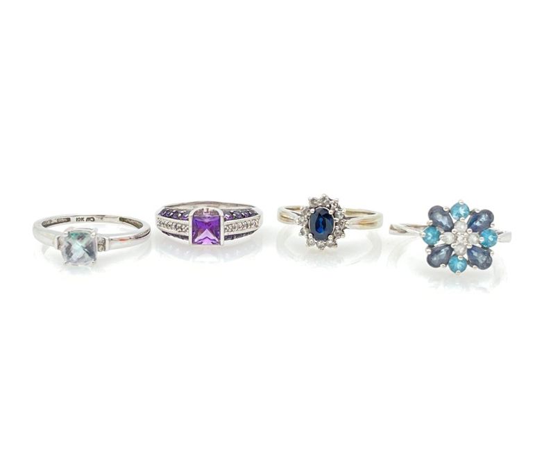 10k white gold diamond, amethyst, topaz and sapphire rings