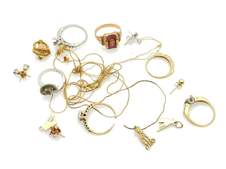 10k and 14k gold jeweler's bench lot with goldplate