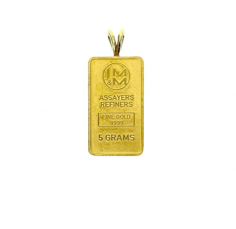 Johnson Matthey Mallory 24k gold 5 gram bar pendant