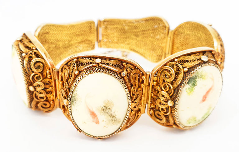 Silver gilt bracelet with hand painted ivory panels