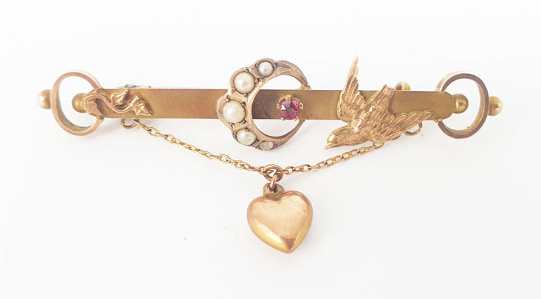 Antique Australian 9k rose gold crescent and bird sweetheart bar brooch