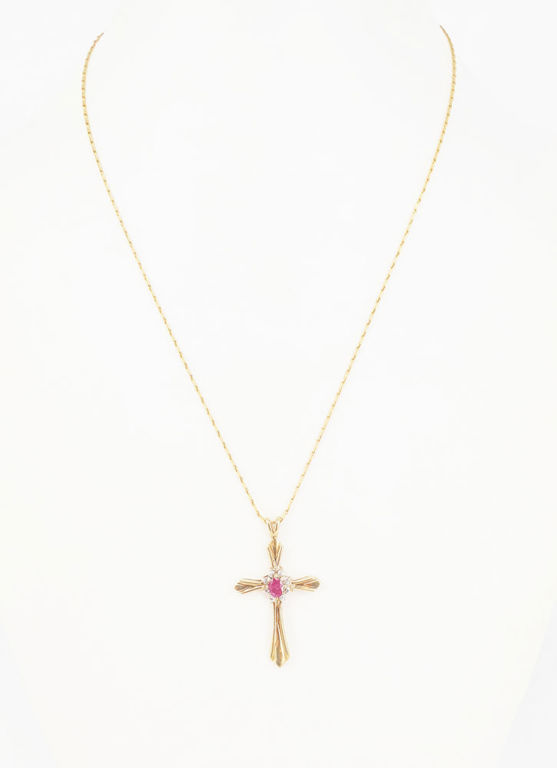 9k gold ruby and diamond crucifix on gold chain