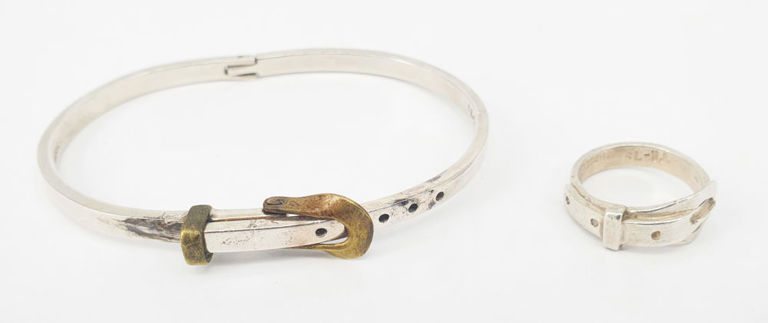 Mexican sterling silver and brass 'buckle' hinged bangle and ring