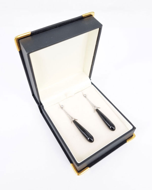 Pair of Art Deco-style onyx, diamond, and 14k white gold drop earrings