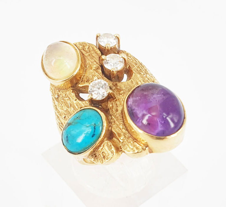 Amethyst, turquoise, opal and three diamond dress ring