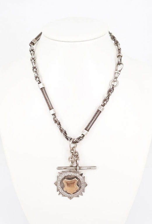 Antique silver fob chain with T-bar and medal