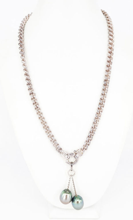 Sterling silver curb link chain with sterling silver and pearl pendant enhancer