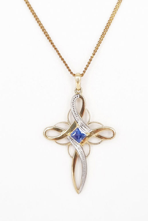 9k yellow gold cross pendant with sapphire on gold plated chain