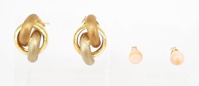 Pink coral stud earrings and Italian multi-tone gold earrings