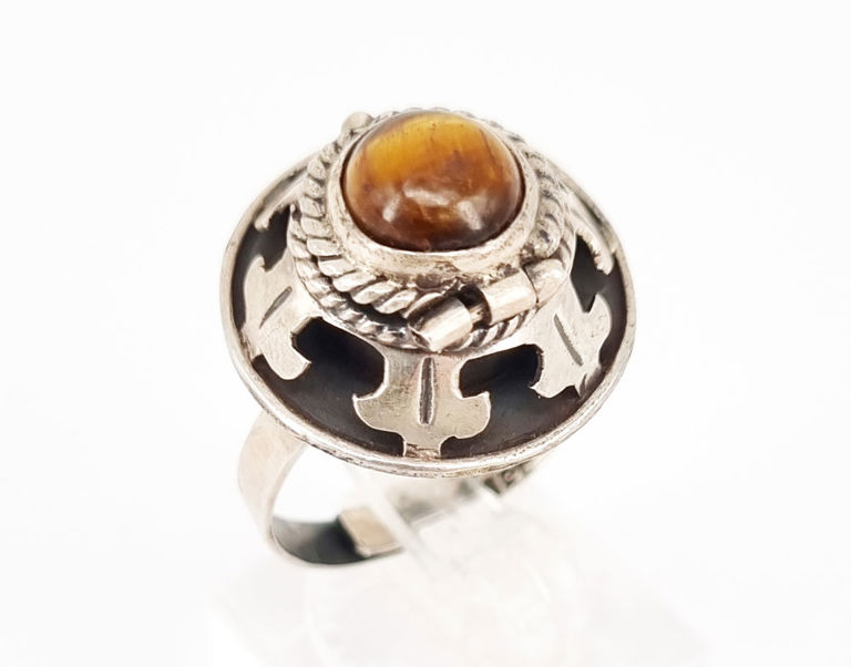 Mexican silver tiger's eye poison ring