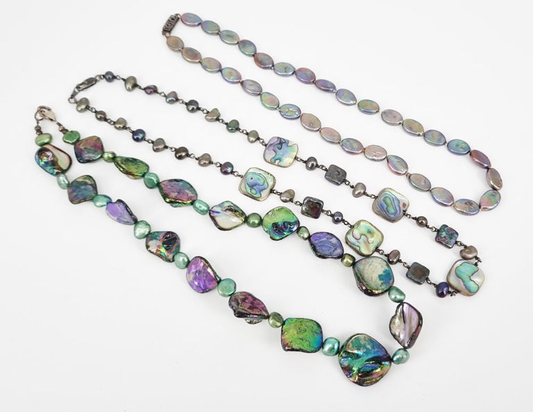 Paua shell and button pearl necklaces with sterling silver clasps
