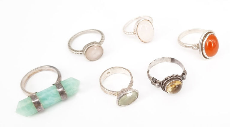 Sterling silver rings with rose quartz and carnelian