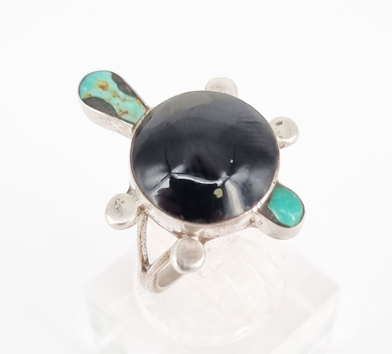 Mexican silver turtle ring with turquoise and black onyx