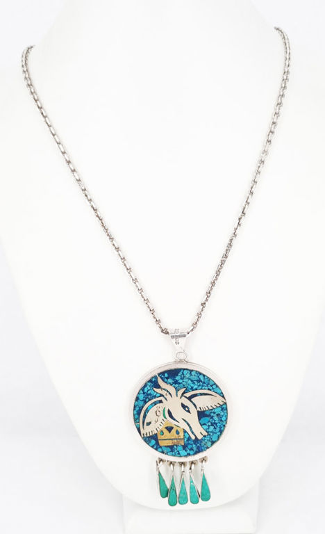Vintage Taxco silver turquoise mosaic pendant with silver chain
