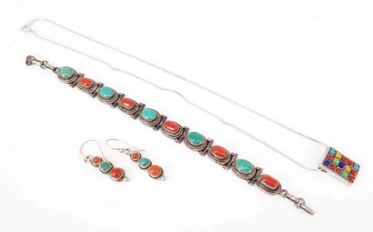 Vintage silver coral and turquoise bracelet, earrings and necklace