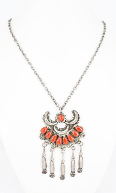 Tibetan silver and red coral pendant with silvered metal necklace