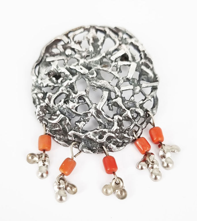 Vintage silver and red coral pendant brooch