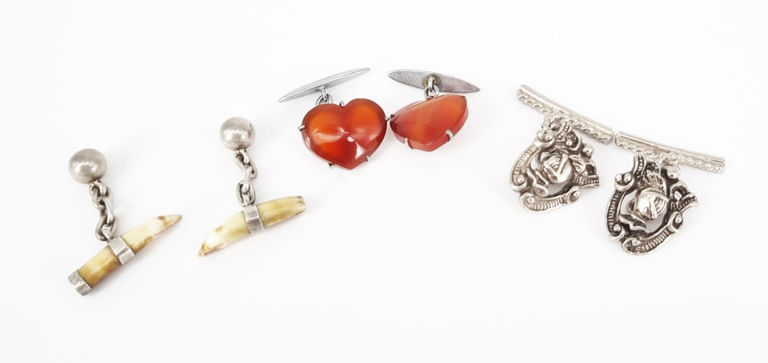 Three pairs of vintage cufflinks, silver and carnelian