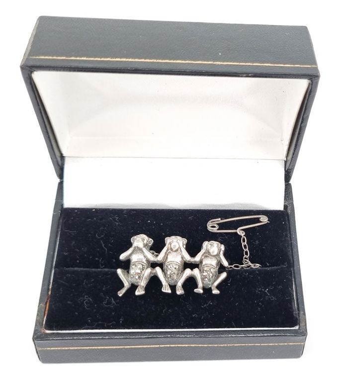 Art Deco sterling silver marcasite brooch with three wise monkeys