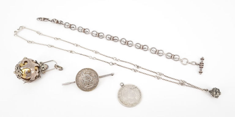 Silver harmony ball pendant, necklace, coin brooch, pendant and fob chain