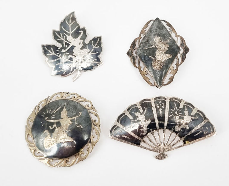 Vintage Siam silver niello brooches