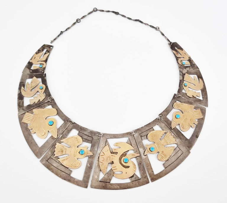 Vintage Peruvian sterling silver and 18k gold collar necklace