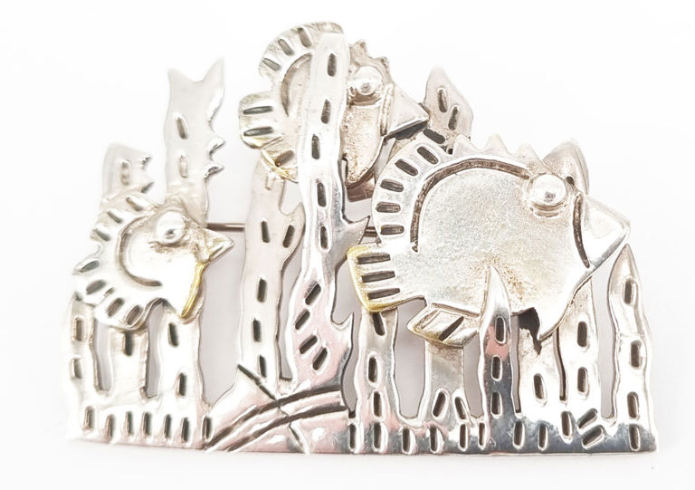 Vintage Mexican sterling silver fish pendant brooch
