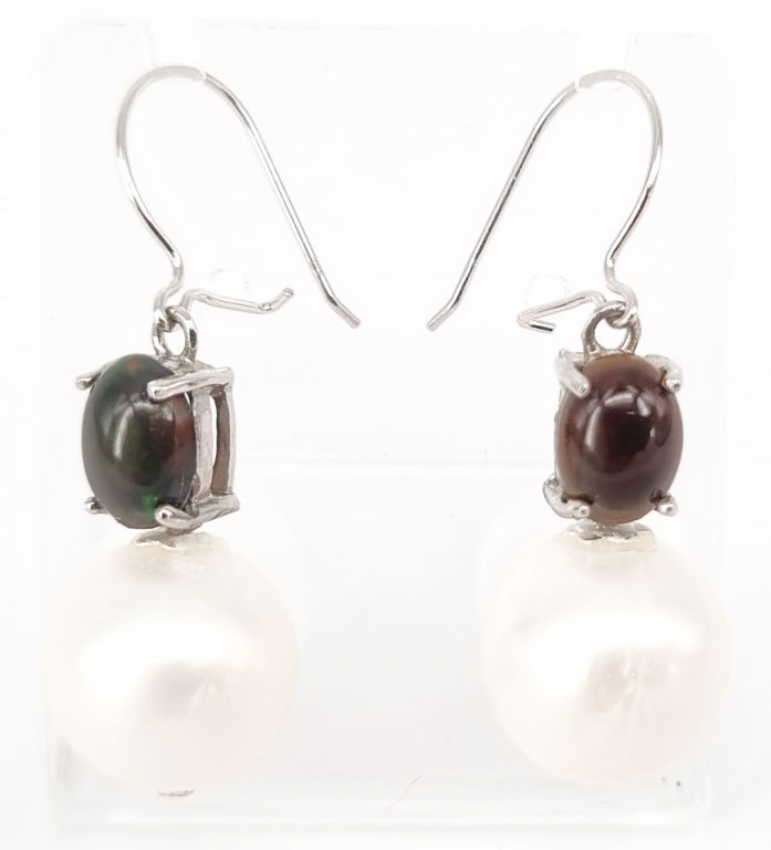 White pearl and black opal drop earrings