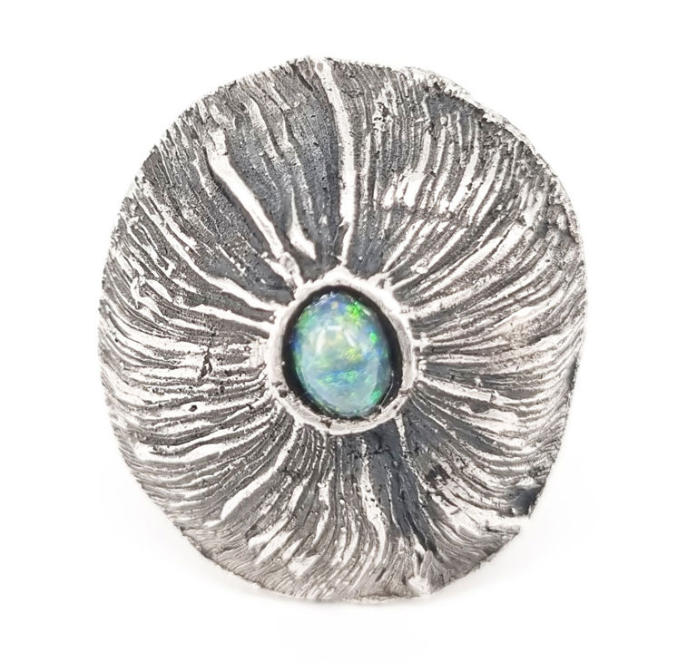 Solid silver and opal ring with organic form