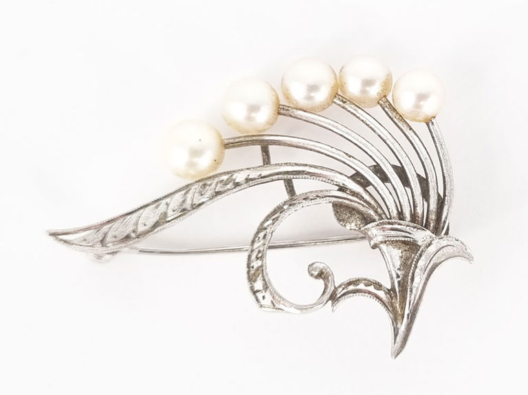 Mikimoto Akoya pearl and sterling silver spray brooch