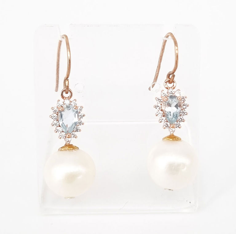 Aquamarine and white pearl drop earrings