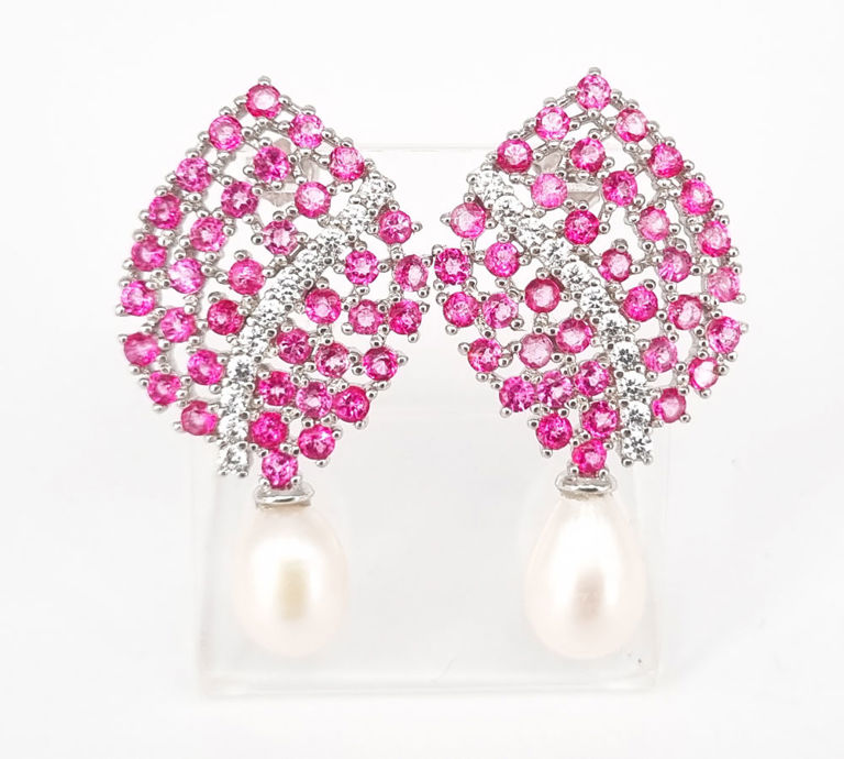 Pearl and pink topaz sterling silver earrings