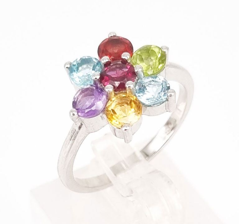 Sterling silver and multi-gemstone floral ring