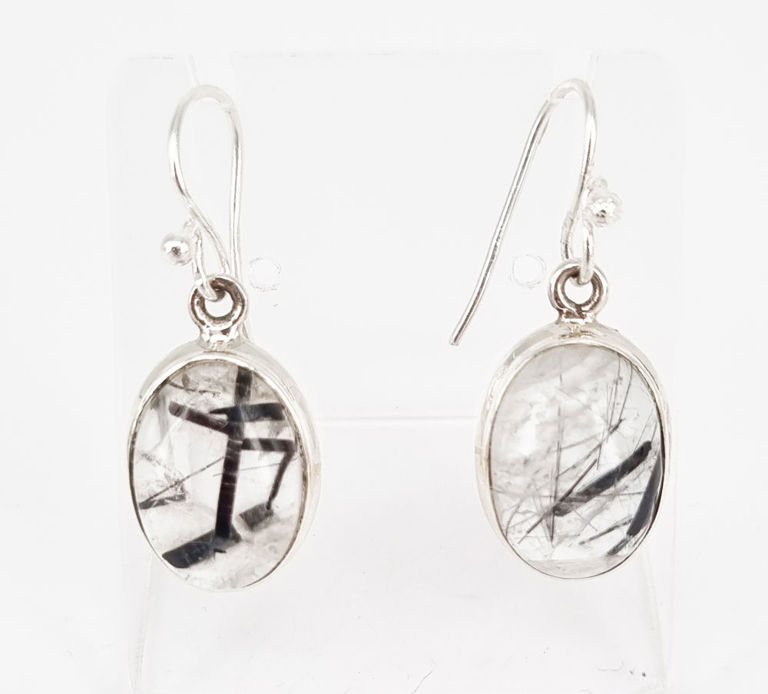 Sterling silver black tourmalinated quartz drop earrings
