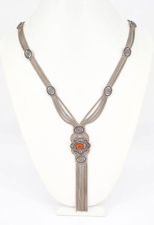 Antique eight-strand sterling silver necklace with central coloured stone