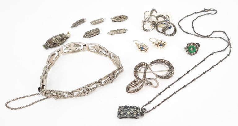 Vintage silver and marcasite jewellery group