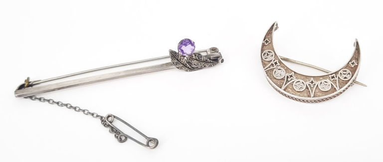 Victorian silver crescent moon brooch and vintage sterling silver bar brooch