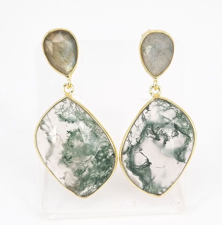 A pair of labradorite and moss agate drop earrings