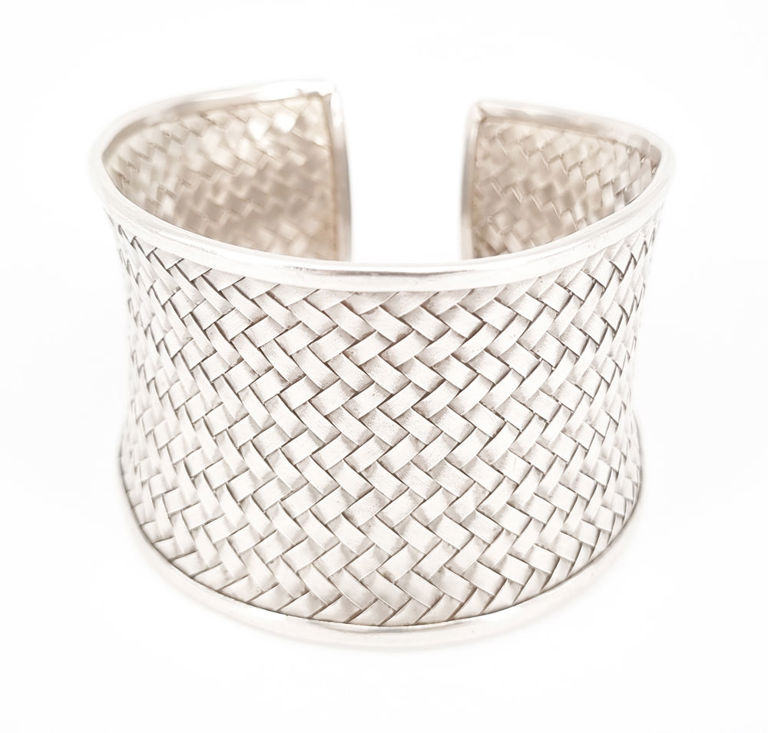 Sterling silver wide cuff bangle with woven design