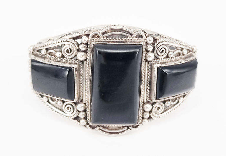 Vintage Navajo silver and onyx cuff bangle