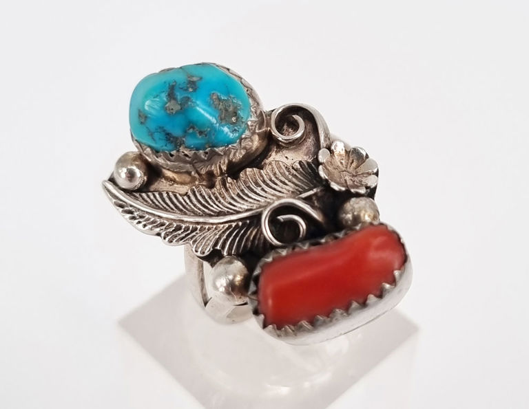 Vintage Native American silver coral and turquoise ring