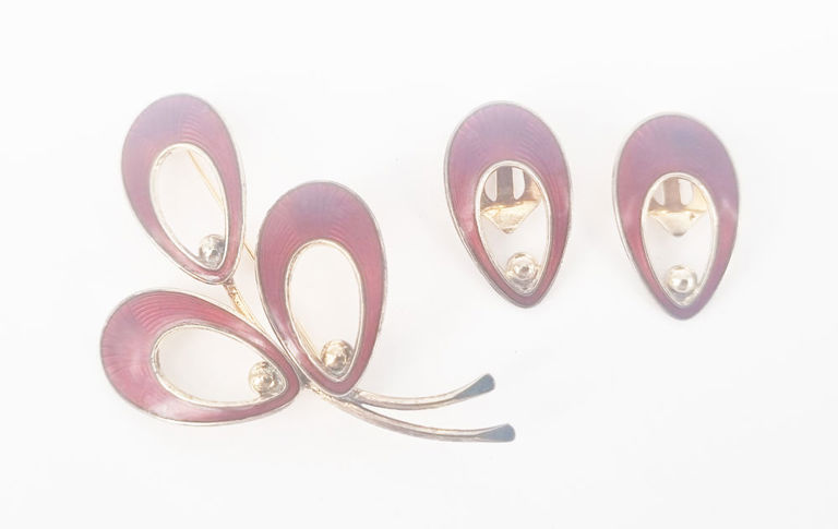 Danish Jemax silver gilt and enamel brooch with matching clip-on earrings