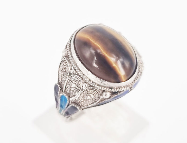Vintage Chinese silver enamel and tiger's eye cabochon ring