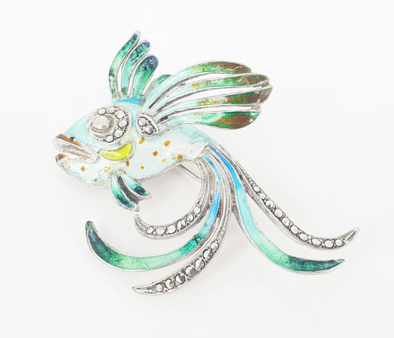 Vintage silver enamel and marcasite fish brooch