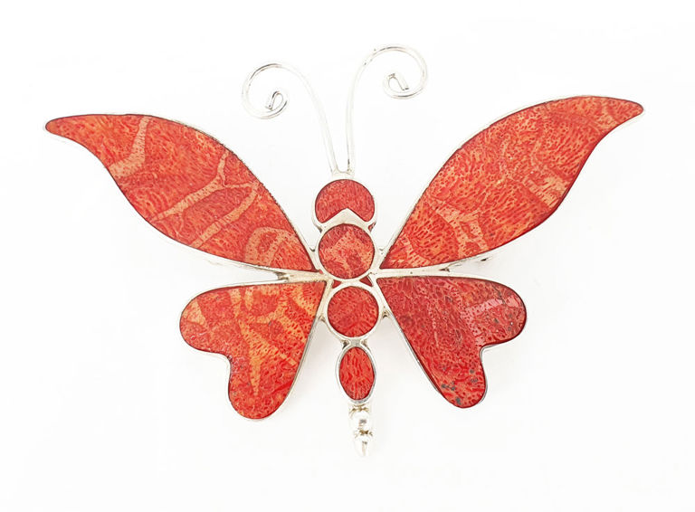 Vintage silver and coral butterfly brooch
